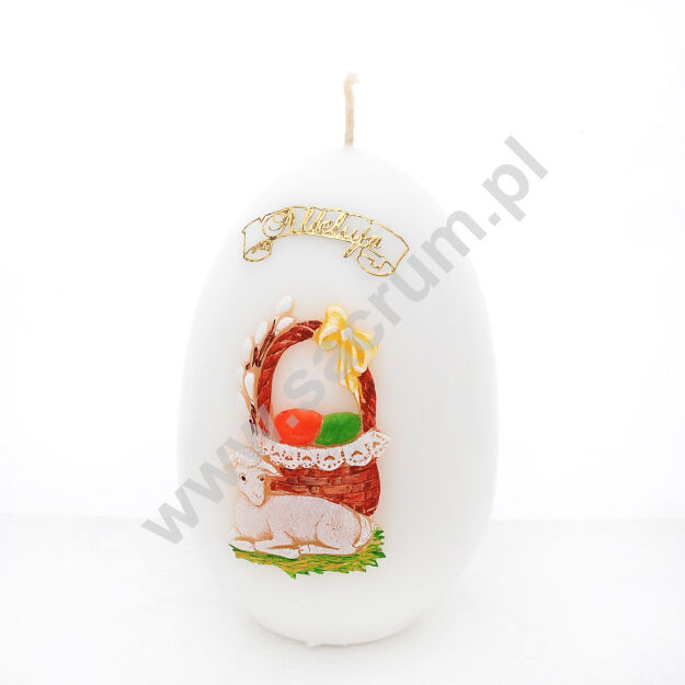 Świeca jajko białe z barankiem, wysokość 13 cm