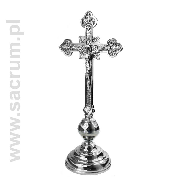 Krzyż z blachy mosiężnej, niklowany, 02-201B, chrom, wysokość 56 cm