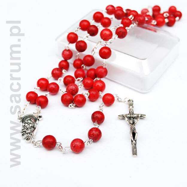 Różaniec z kamienia naturalnego w pudełku - R1149 Red Turkus