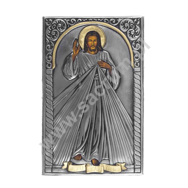 Ikona z metaloplastyki, Jezus Miłosierny,  wymiar 17x26 cm